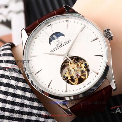 Perfect Replica Jaeger LeCoultre White Moon-phase Tourbillon Dial Brown Leather 41mm Watch 